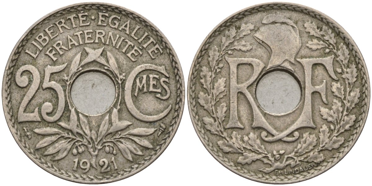 Франция 25 сантимов 1921 KM 867a, Le Franc 171.7 медно-никель 4143-413