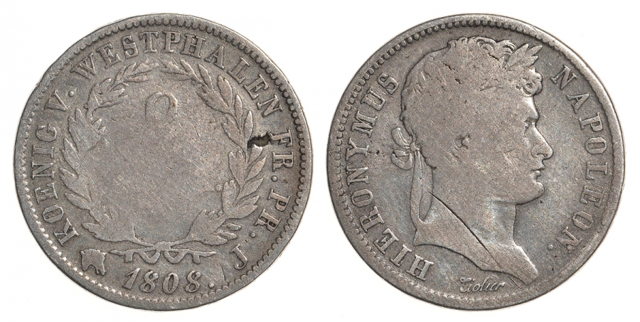 Вестфалия 2 франка 1808 J, Джером Наполеон KM 29 серебро 00-815-48