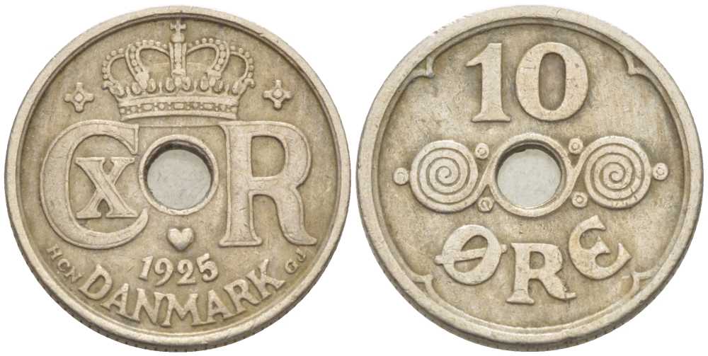ДАНИЯ 10 ЭРЕ 1925 HCN ; GJ, КРИСТИАН X (1912-1947) KM 822.1 медно-никель 214-536