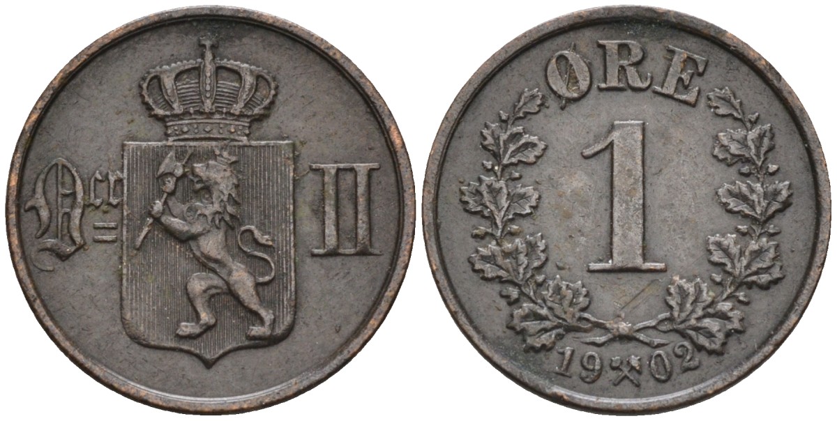 Норвегия 1 эре 1902 Оскар II (1874-1906), редкая KM 352 бронза 4585-1047