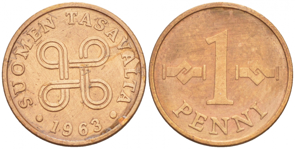 Финляндия 1 пенни 1963 первый год KM 44 медь 4547-1023