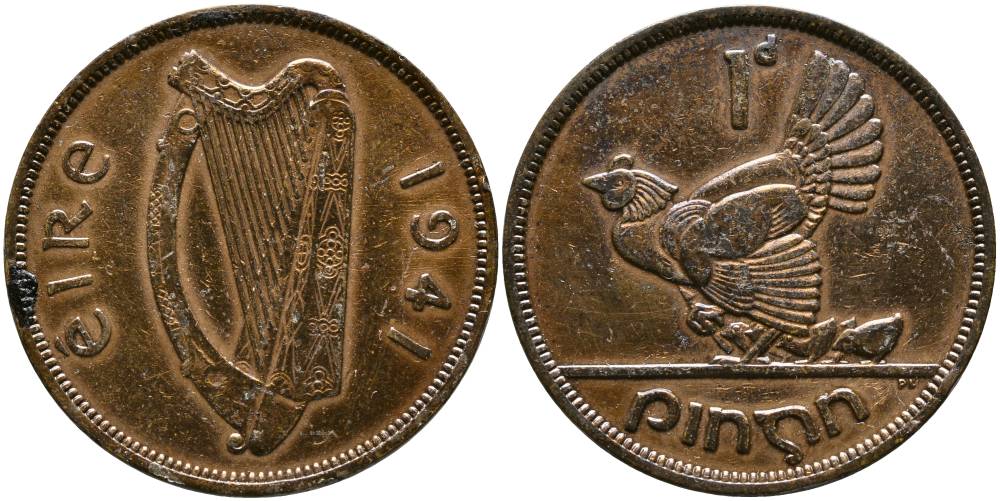 Ирландия 1 пенни 1941 курица с цыплятами KM 11 бронза 4531-632