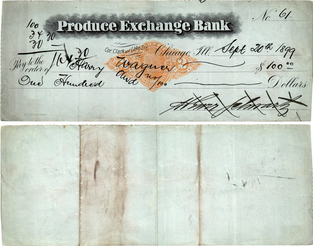 США чек на 100 долларов 1899 Produce Exchange Bank, Чикаго бумага 434-22-3-1