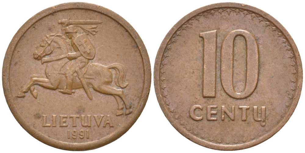 ЛИТВА 10 ЦЕНТОВ 1991 KM 88 бронза 116-138