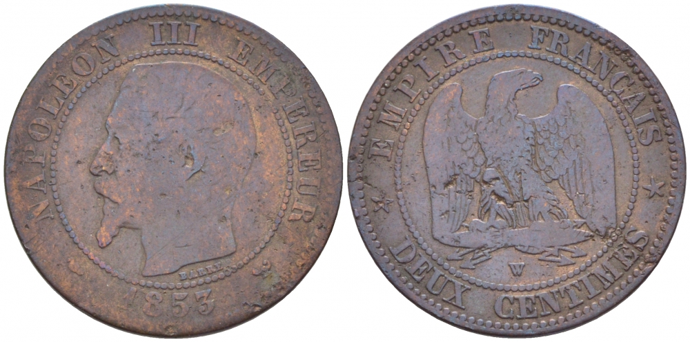 ФРАНЦИЯ 2 САНТИМА 1853 W KM 776.7 бронза 116-736