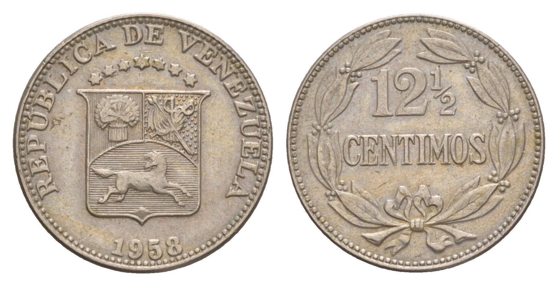 Венесуэла 12 1/2 сентимо 1958 Y 39 медь плакированная медно-никелем 4628-744