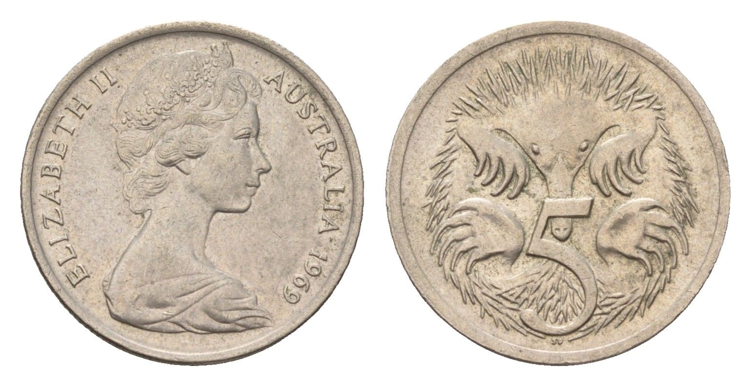 Австралия 5 центов 1969 Елизавета II (1952-2022), молодой портрерт, ехидна KM 64 медно-никель 4669-564