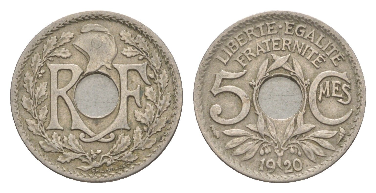 Франция 5 сантимов 1920 KM 865 медно-никель 4649-733