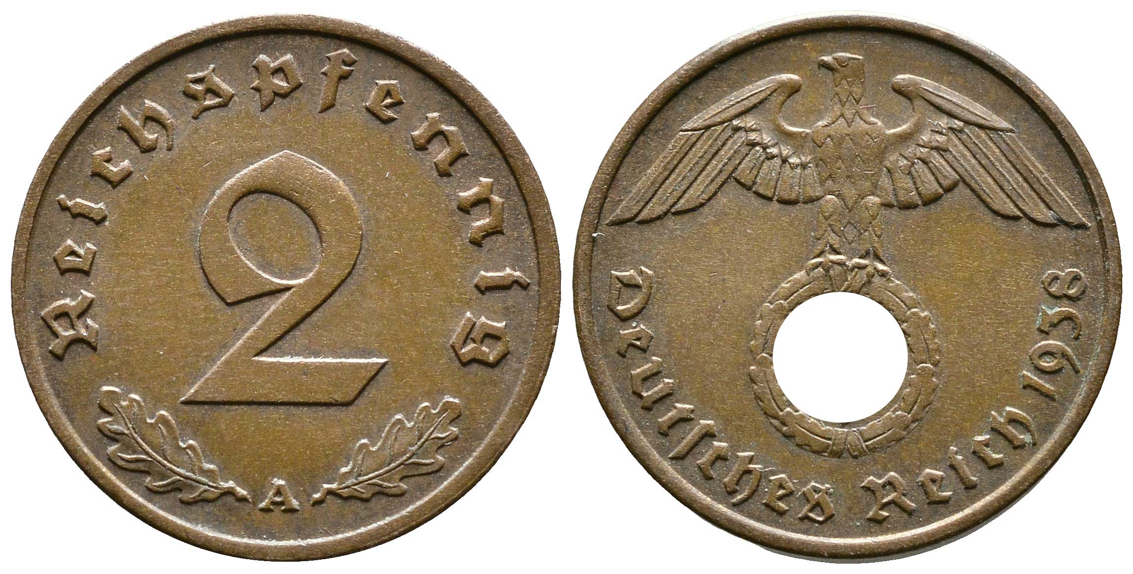 Германия 2 рейхспфеннига 1938 A KM 90, J. 362 бронза 176-947