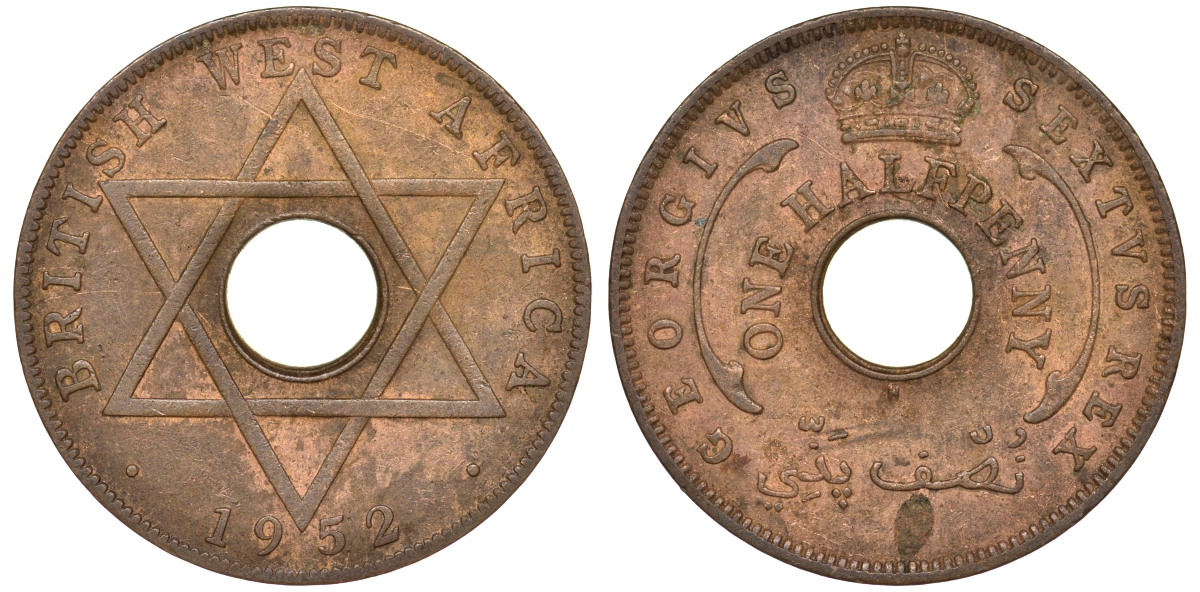 Британская Западная Африка 1/2 пенни 1952 H, Георг VI KM 27a бронза 25-1335