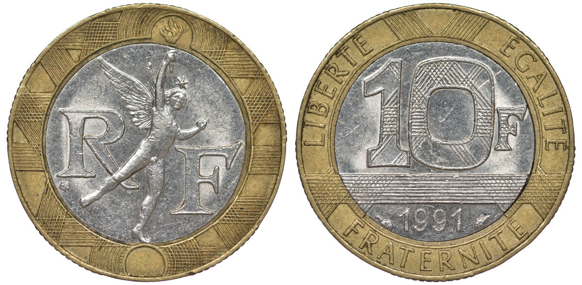 Франция 10 франков 1991 тип гений Бастилии KM 964.1, Le Frank 375.6 биметалл 45-932
