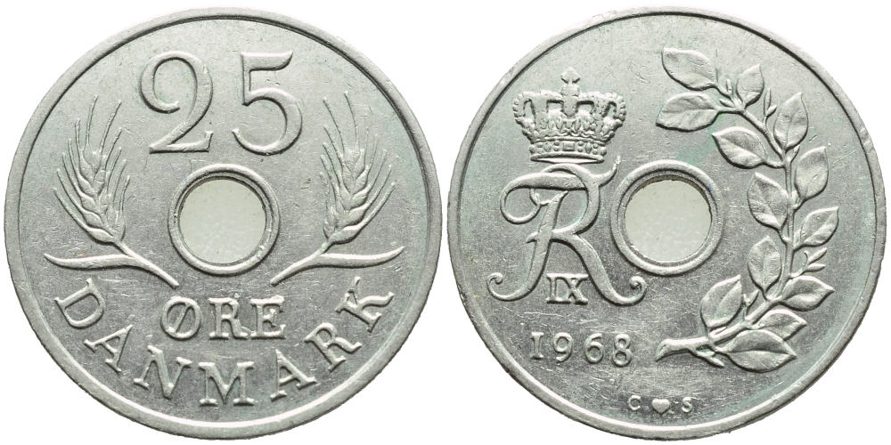 Дания 25 эре 1968 С;S, Фредерик IX (1947-1972) KM 855.1 медно-никель 4395-324