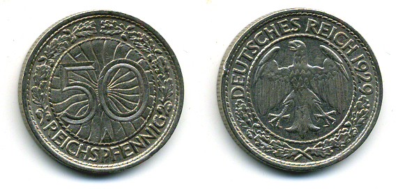 Германия 50 рейхспфеннигов 1929 А KM 49, J. 324 никель 58-543