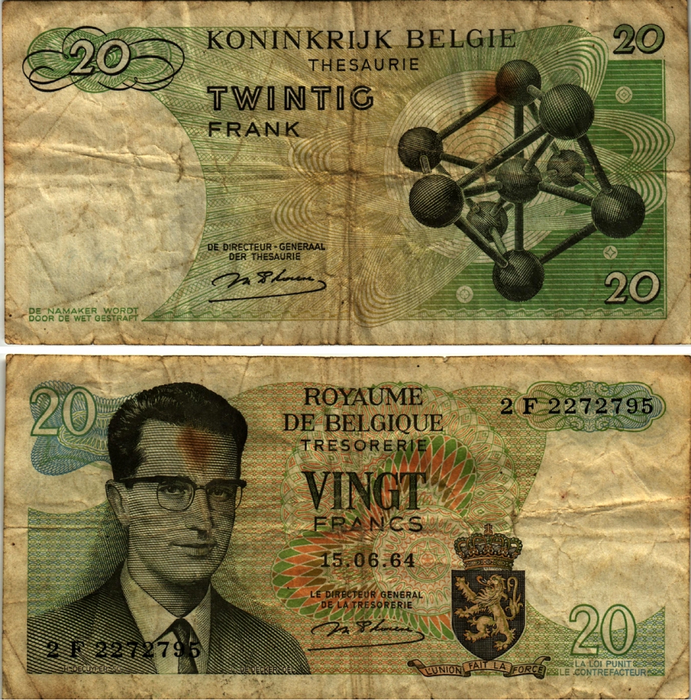 Бельгия 20 франков 1964 Бодуэн I, атомиум, d Haeze Pick 138 (1) бумага 7219-43-1-1