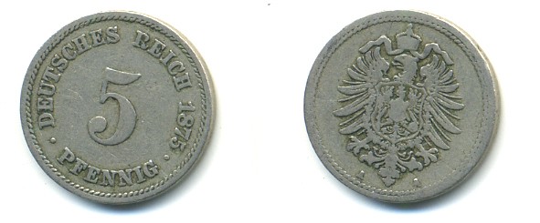 ГЕРМАНИЯ 5 ПФЕННИГОВ 1875 A, СТАРОГЕРБОВКА KM 3, J.3 медно-никель 4379-231