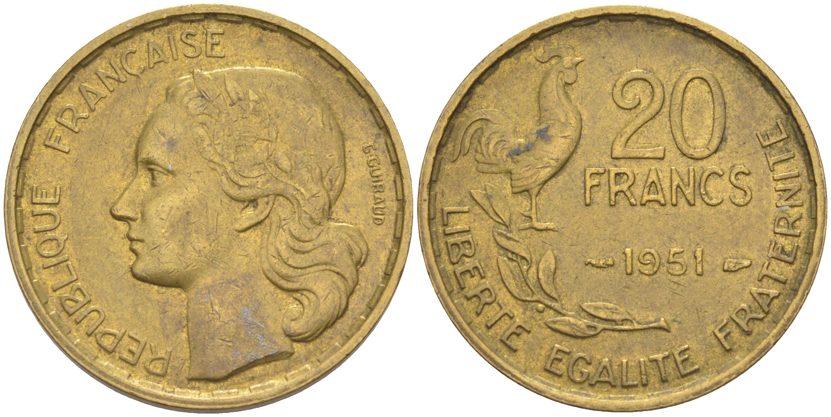 Франция 20 франков 1951 петух KM 917.1, Le Franc 402.7 алюминиевая бронза 4513-511