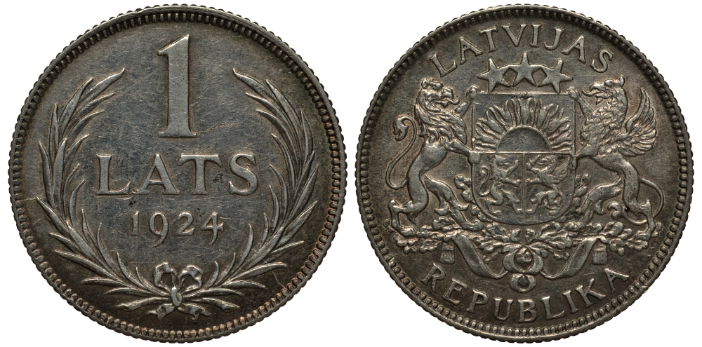 Латвия 1 лат 1924 Первая республика (1918-1939) KM 7 серебро 119-153