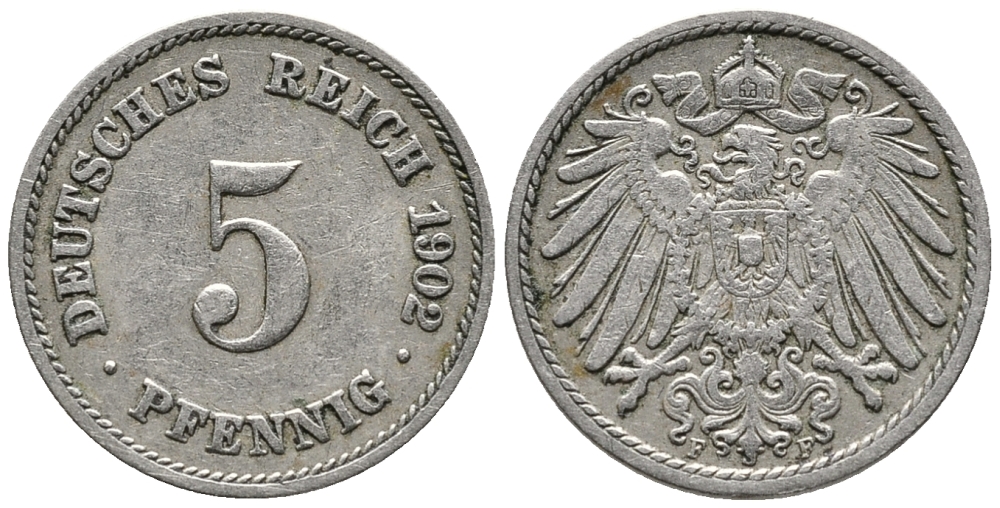 ГЕРМАНИЯ 5 ПФЕННИГОВ 1902 F KM 11, J. 12 медно-никель 39-755
