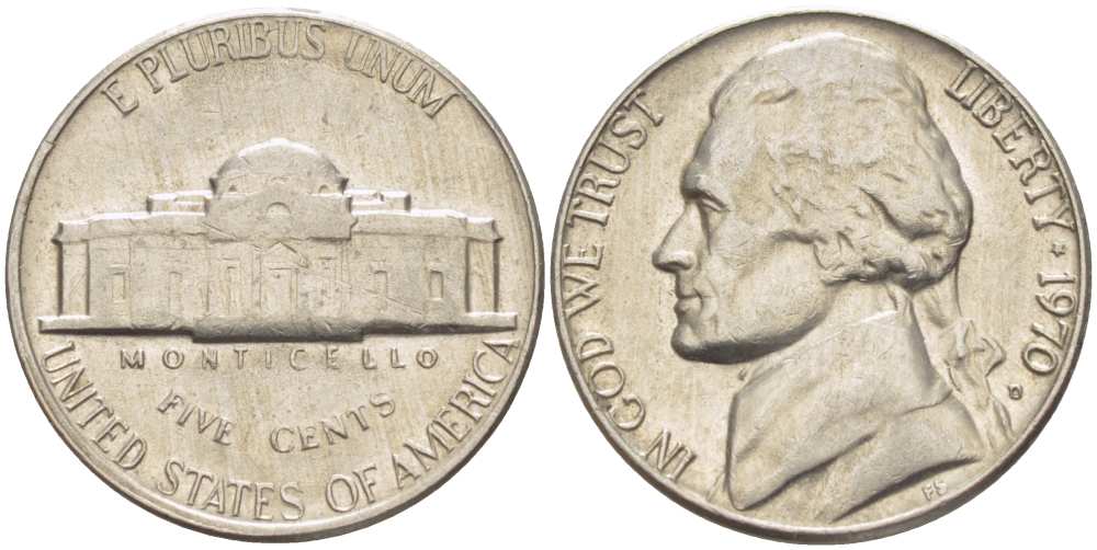 США 5 ЦЕНТОВ 1970 D, ДЖЕФФЕРСОН KM А192 медно-никель 119-1036