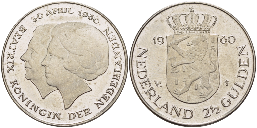 Нидерланды 2 1/2 гульдена 1980 коронация Беатрикс, 30 апреля 1980 KM 201 никель 38-121