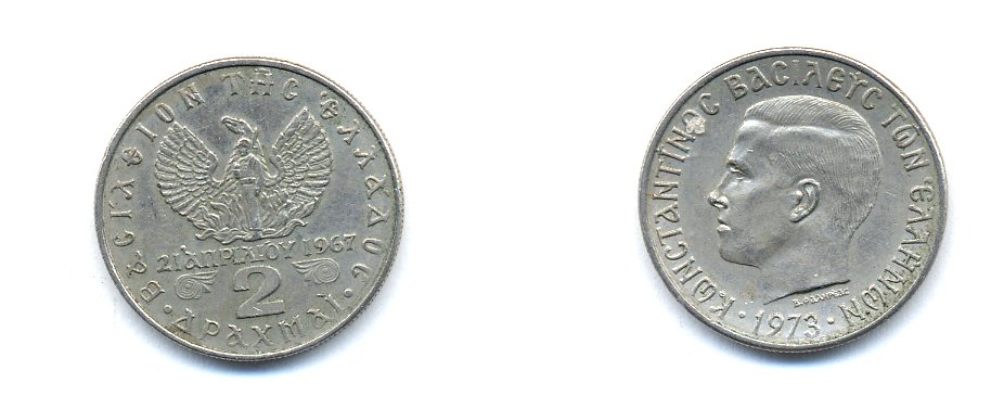 Греция 2 драхмы 1971 21 апреля 1967, чёрные полковники, Константин II (1964-1973) KM 99 медно-никель 4379-1314