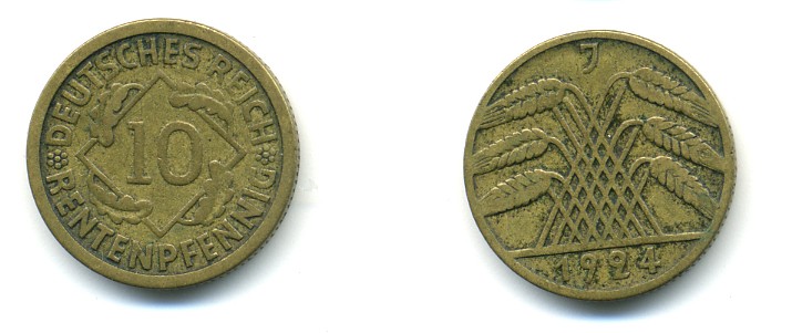 ГЕРМАНИЯ 10 РЕНТЕНПФЕННИГОВ 1924 J KM 33, J. 309, Weege 8 алюминиевая бронза 80-311