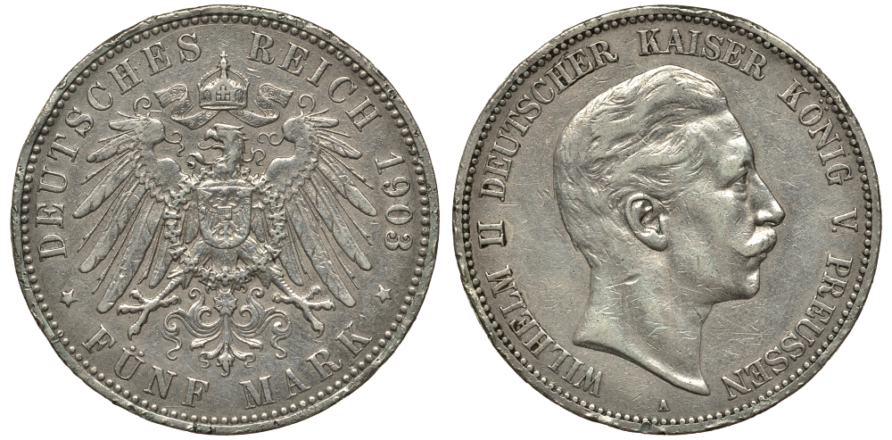 Пруссия 5 марок 1903 Вильгельм II (1888-1918) KM 523, J.104 серебро    413-1535
