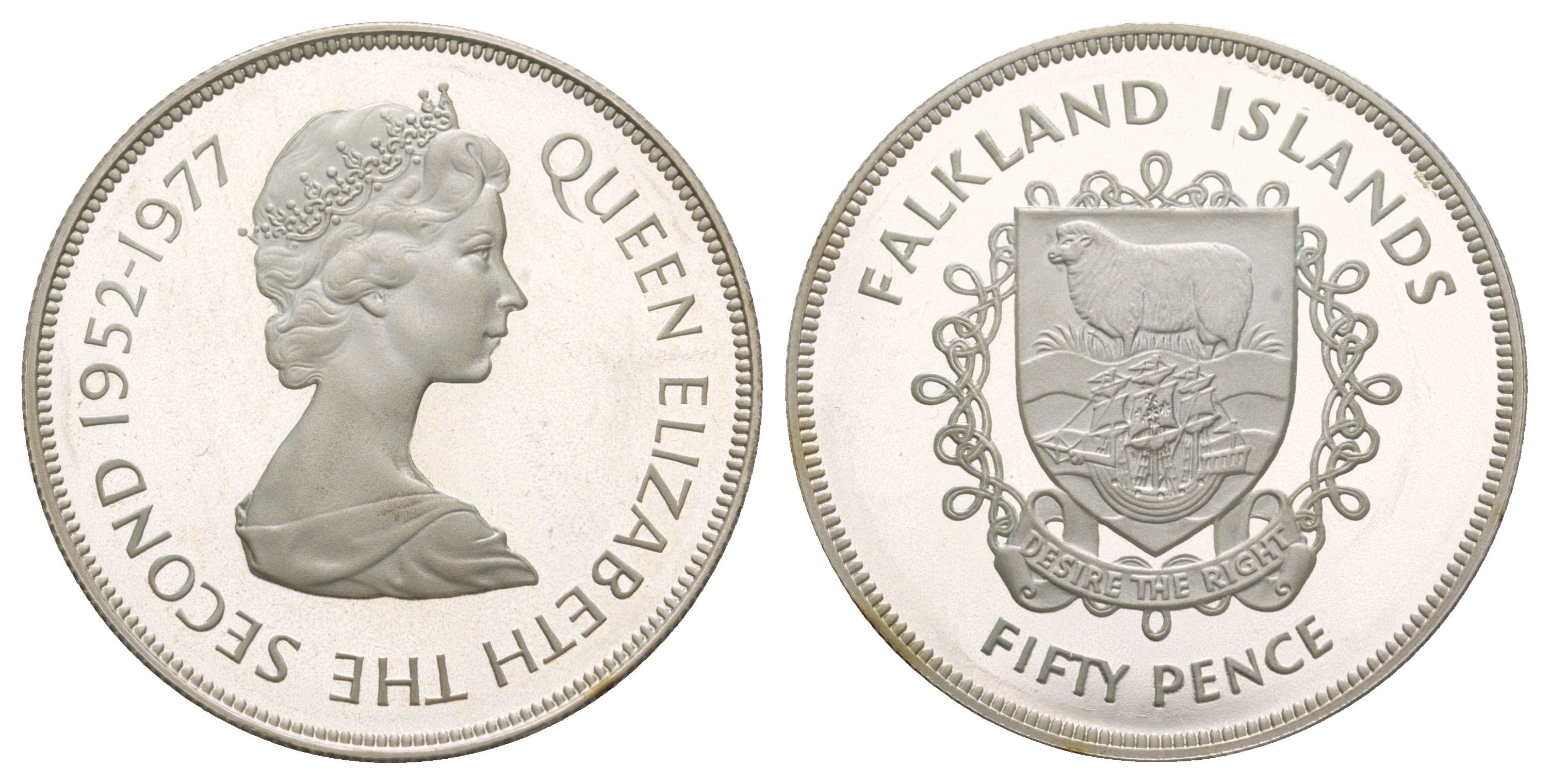 Фолклендские острова (Фолкленды) 50 пенсов 1977 25 лет правлению Королевы Елизаветы II KM 10a серебро PROOF 413-3321