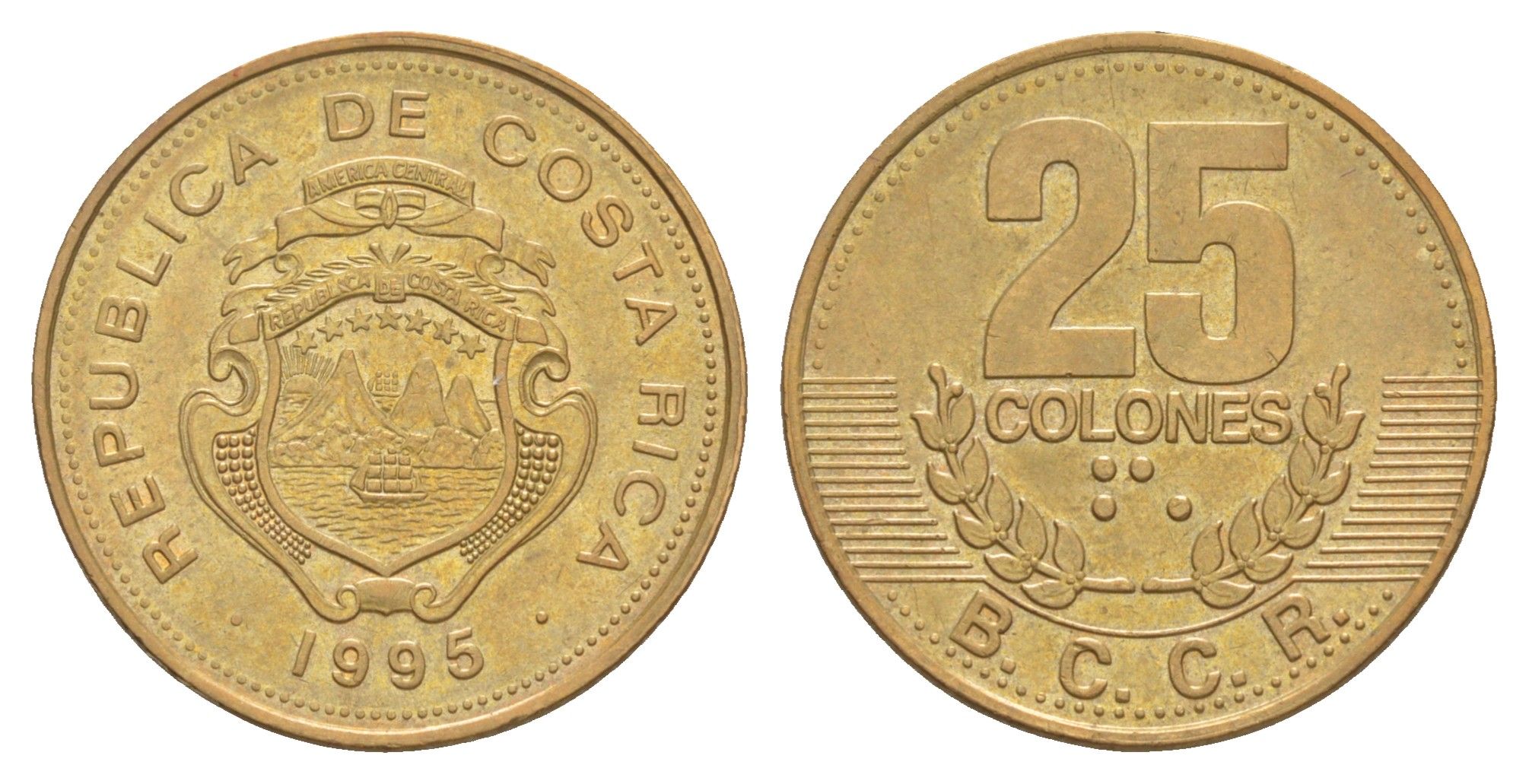 Коста-Рика 25 колонов 1995 KM 229 сталь плакированная латунью UNC 4642-917