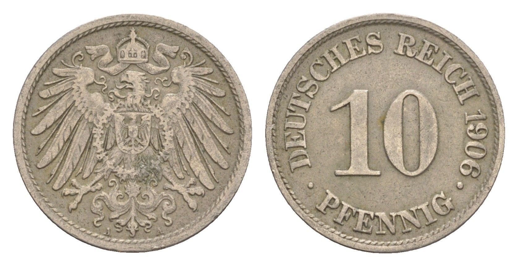 Германия 10 пфеннигов 1906 A, Вильгельм II (1888-1918) KM 12, J. 13 медно-никель 4647-917