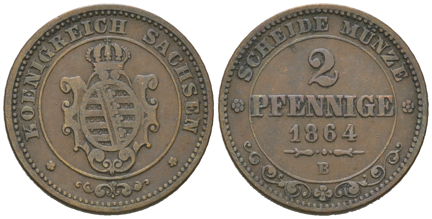 Саксония 2 пфеннига 1864 В, Иоганн (1854-1873) KM 1217, Jaeger 121, AKS 155 медь 4623-321