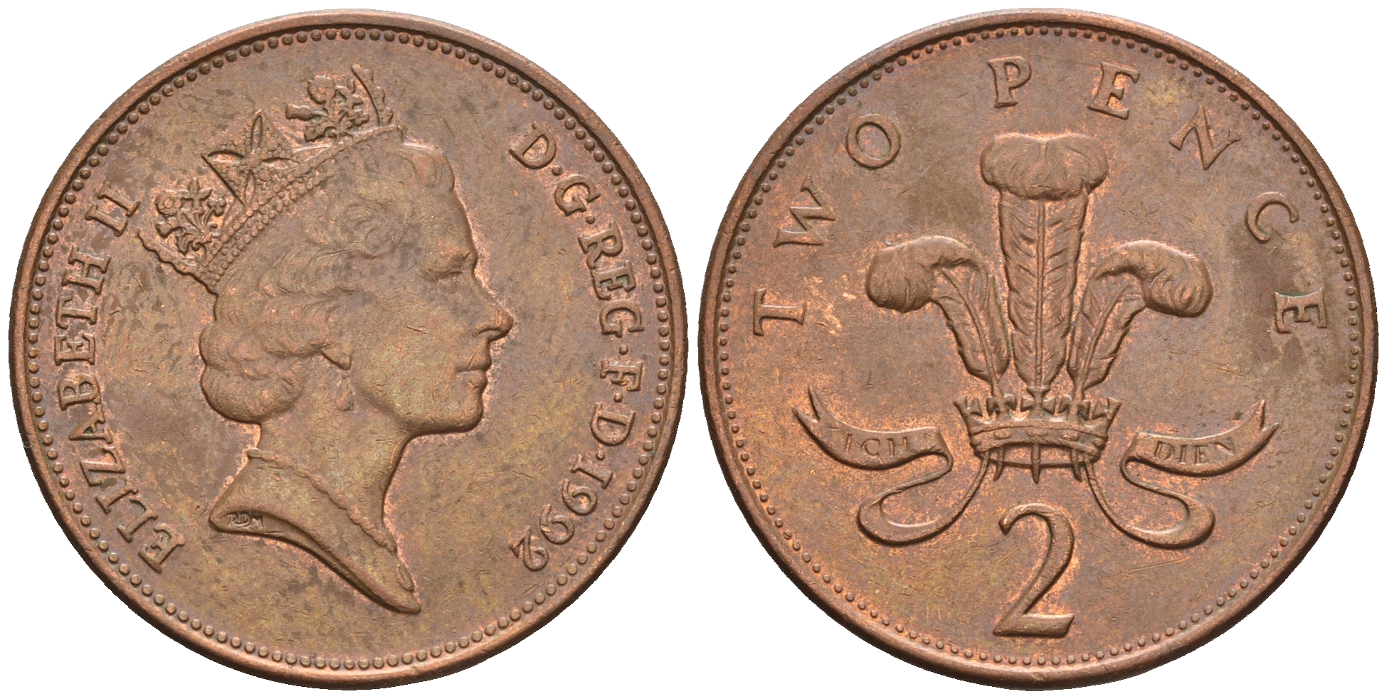 Великобритания 2 пенса 1992 Елизавета II (1952-2022) KM 936а, Spink 4386 сталь плакированная медью 85-1121