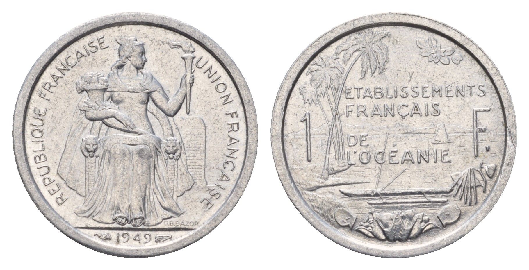 Французская Океания 1 франк 1949 год-тип KM 2 алюминий UNC 181-522