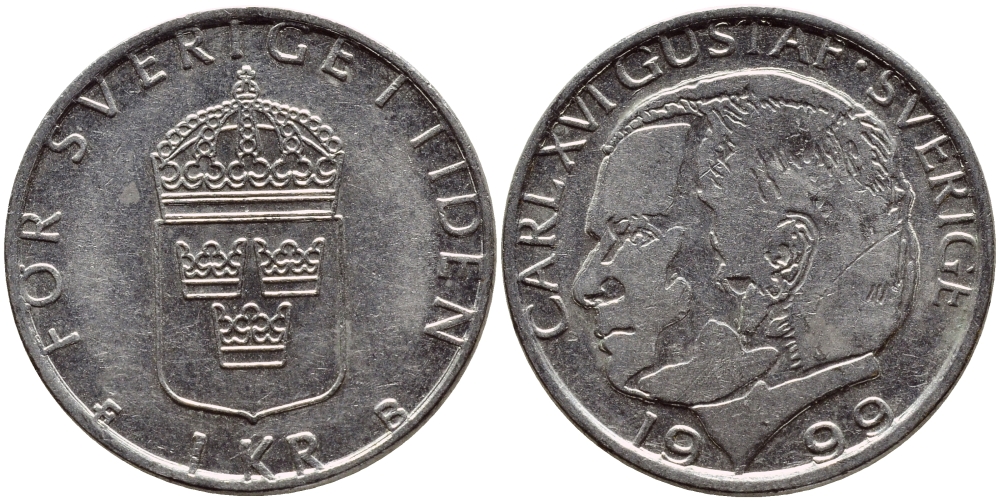 Швеция 1 крона 1999 Карл XVI Густав (1973- ) KM 852a медно-никель 4385-443