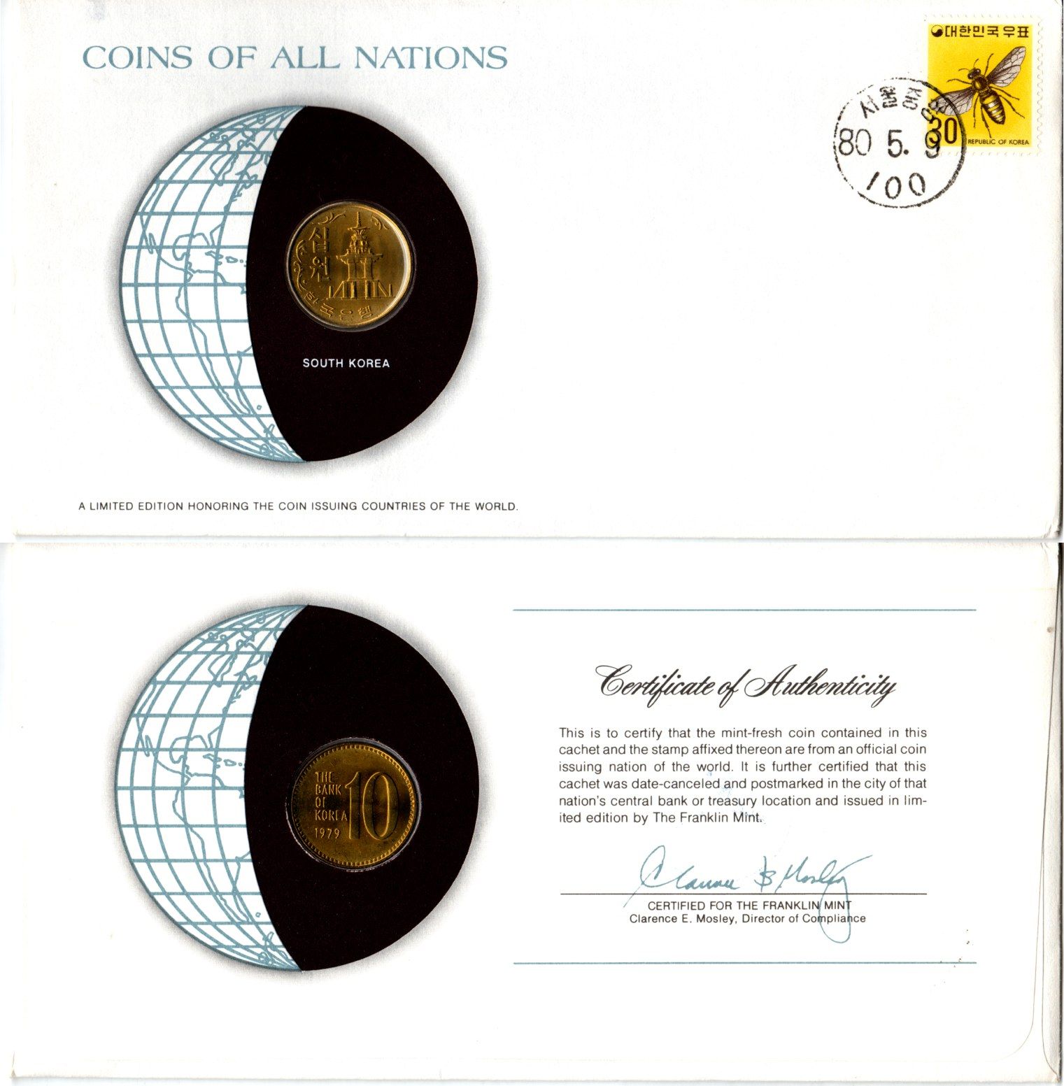 Южная Корея 10 вон 1979 конверт с маркой первого дня гашения, Coins of Nations KM 6a латунь UNC 4295-17-1