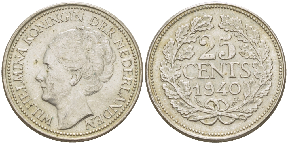 Нидерланды 25 центов 1940 Вильгельмина (1890-1948) KM 164 серебро aUNC 66-1141