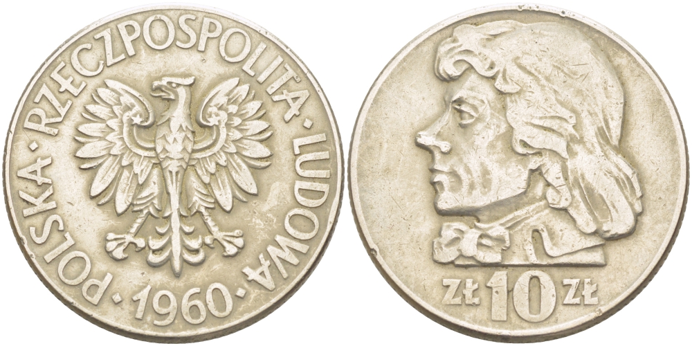 ПОЛЬША 10 ЗЛОТЫХ 1960 КОСТЮШКО KM 50 медно-никель 4403-541