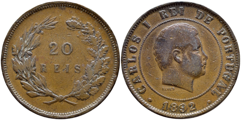 ПОРТУГАЛИЯ 20 РЕЙСОВ 1892 ЛУИШ (ДЮДОВИК) I (1861-1889) KM 533 бронза 4394-731