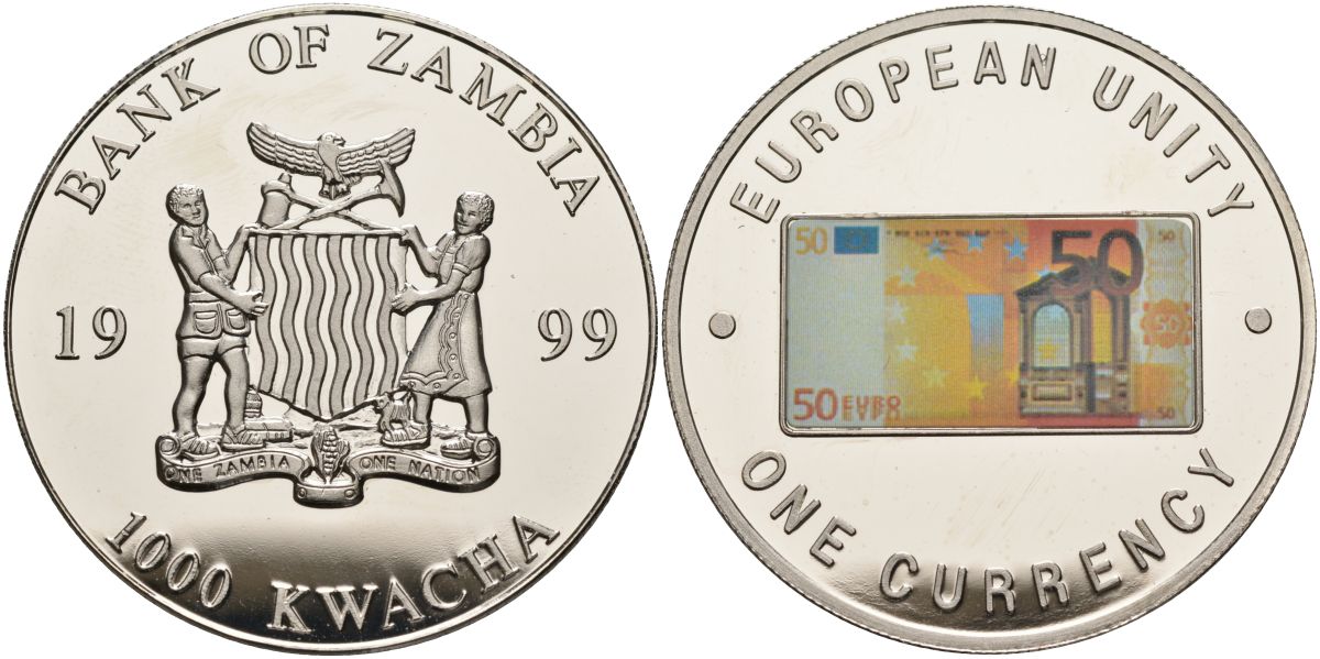 Замбия 1000 квача 1999 серия европейский союз - одна валюта, 50 евро аверс, серебрение KM 126 медь никель цинк 1098-3-43