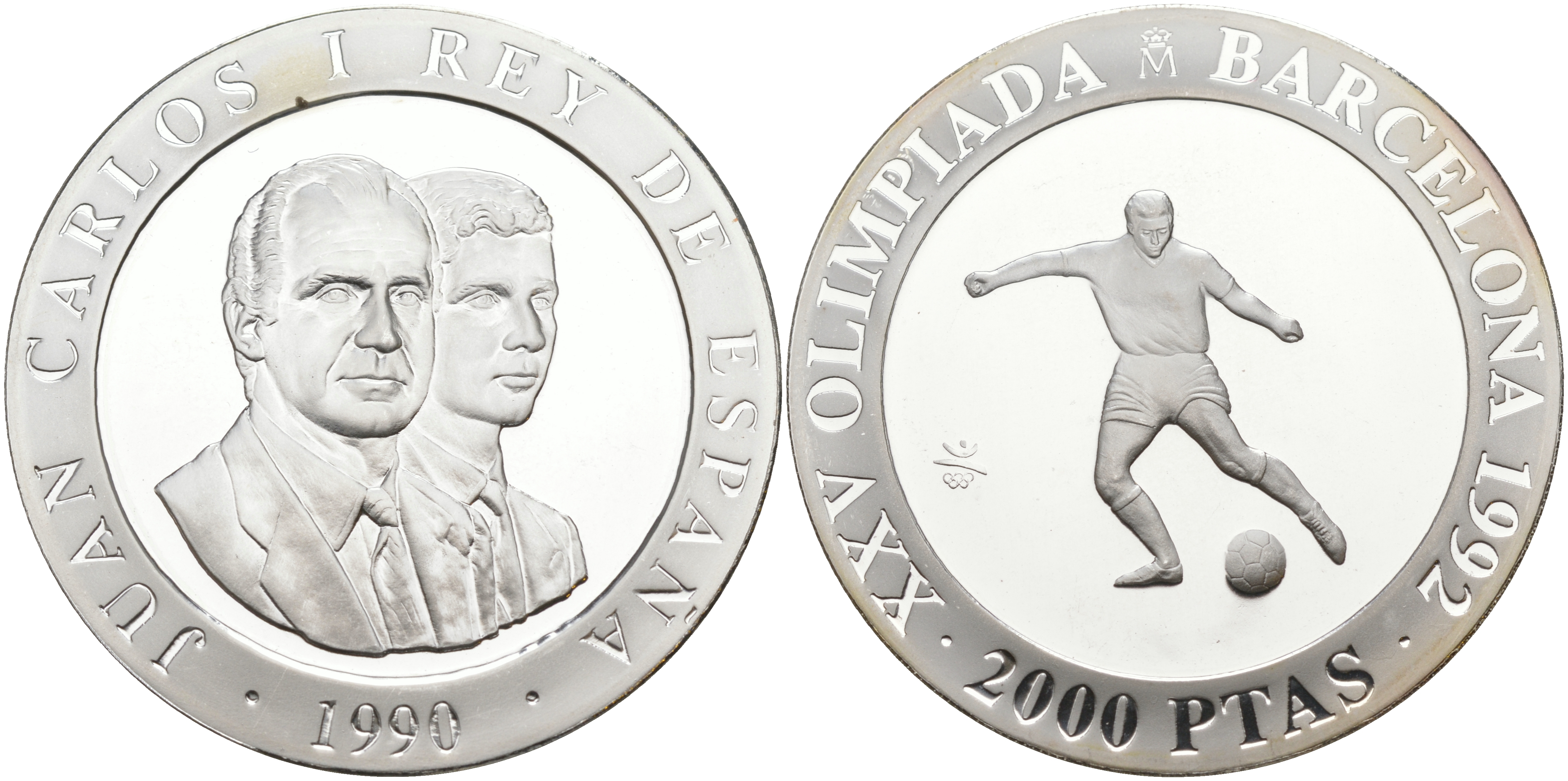 Испания 2000 песет 1990 XXV летние Олимпийские игры 1992 года в Барселоне, футбол KM 862 серебро PROOF 02-115-11