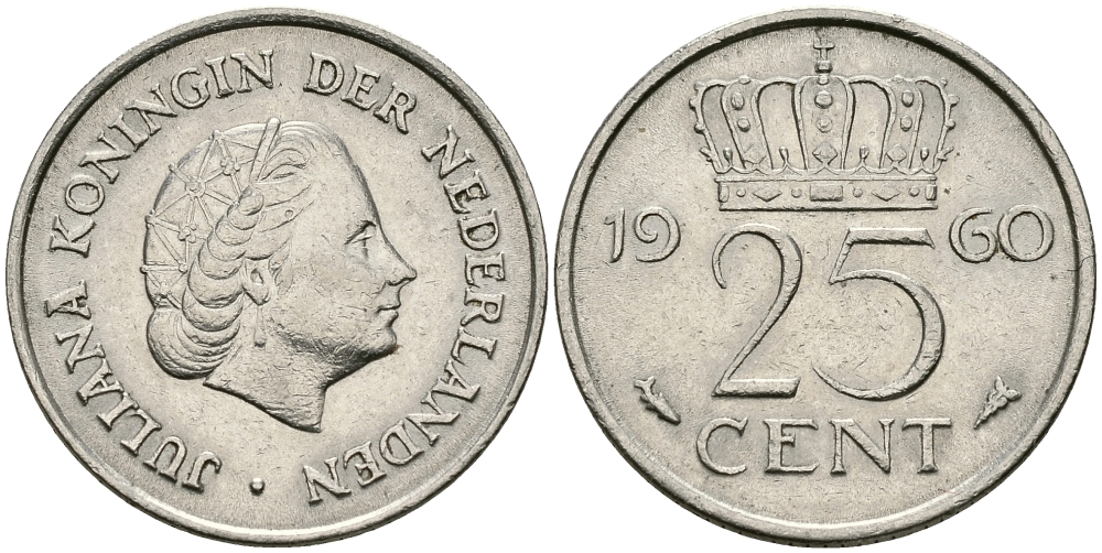 НИДЕРЛАНДЫ 25 ЦЕНТОВ 1960 ЮЛИАНА KM 183 никель 96-145
