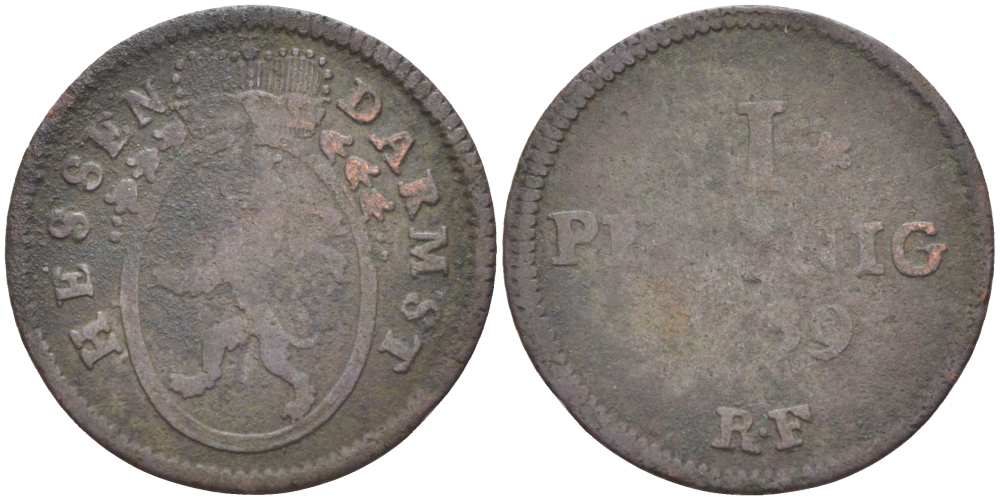 Гессен-Дармштадт 1 пфенниг 1799 RF, Людвиг X (1790-1806) KM 251 медь 210-1151