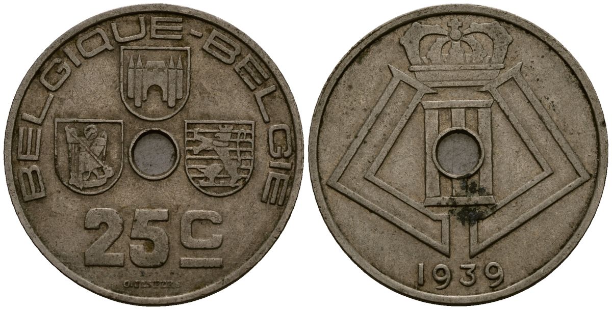 Бельгия 25 сантимов 1939 Belgique - Belgie KM 114 никель латунь 4383-833