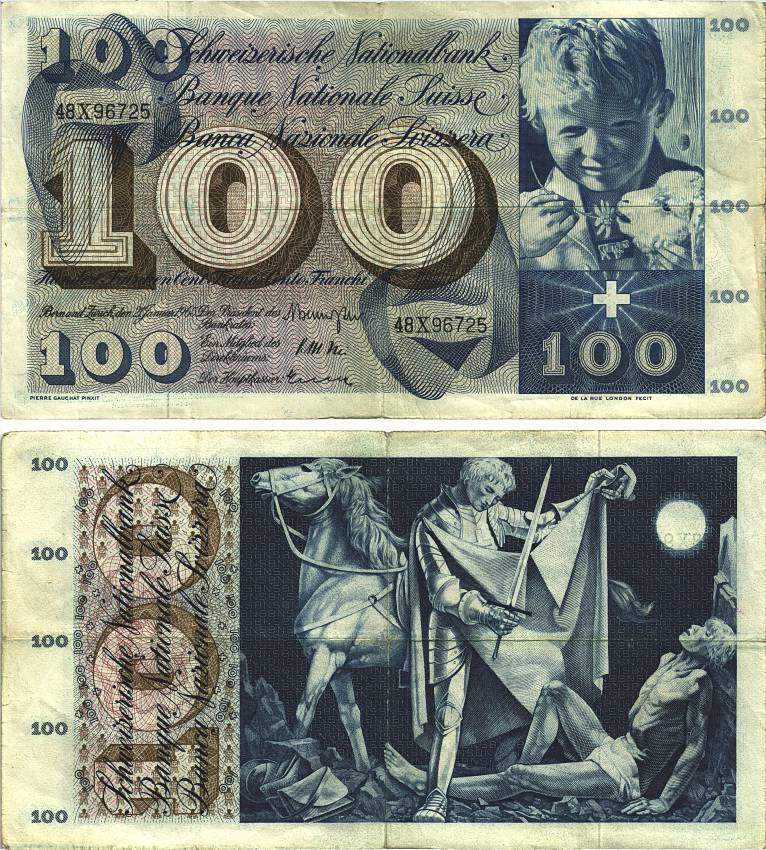 Швейцария 100 франков 1965 23 декабря 1965, серия 48 X, подпись 41 Pick 49 h бумага 8606-21-2-2