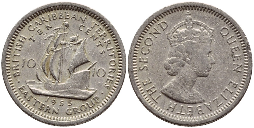 Британские Восточно-Карибские территории 10 центов 1955 Елизавета II (1952-2022), парусник KM 5 медно-никель 4387-154