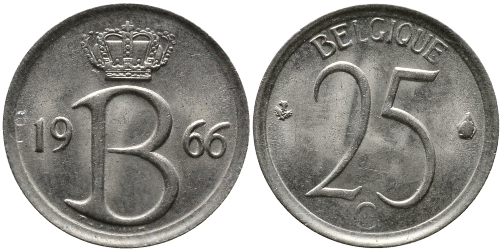 Бельгия 25 сантимов 1966 Belgique, Бодуэн I (1951-1993) KM 153.1 медно-никель 99-416