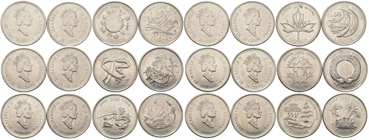 Канада полный набор из 12 монет 25 центов (Миллениум) 2000 Вступление в третье тысячелетие KM 373, 374, 375, 376, 377, 378, 379, 380, 381, 382, 383 и 384.2 M79-03