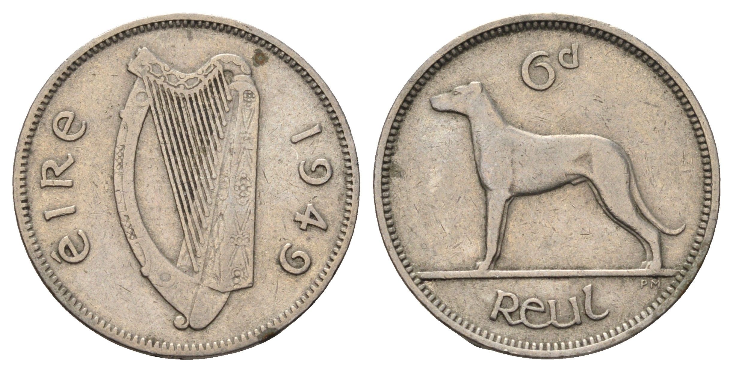 Ирландия 6 пенсов 1949 собака, ирландский волкодав KM 13a медно-никель 4682-552