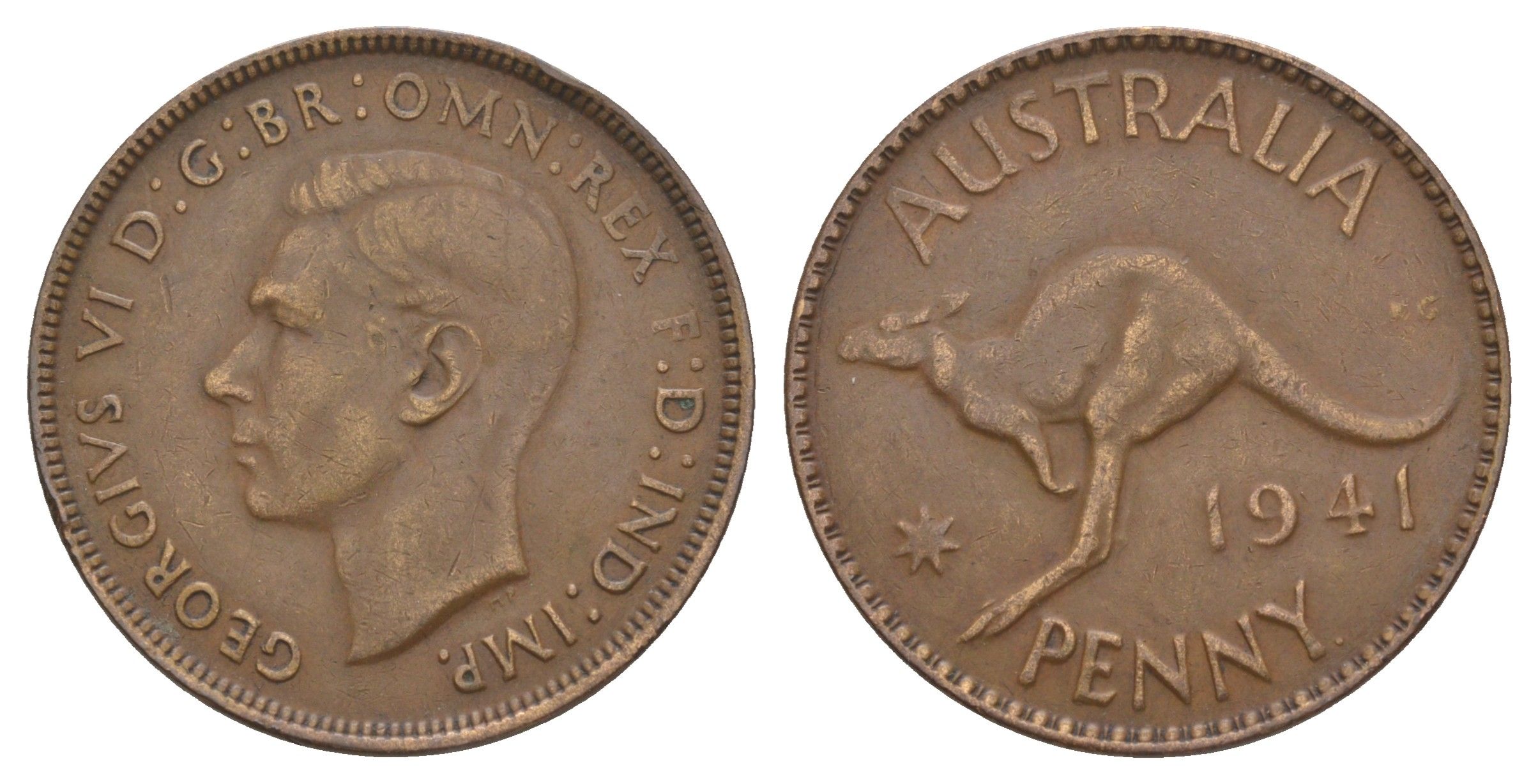 Австралия 1 пенни 1941 KG, Георг VI (1936-1952), кенгуру KM 36 бронза 4153-1127