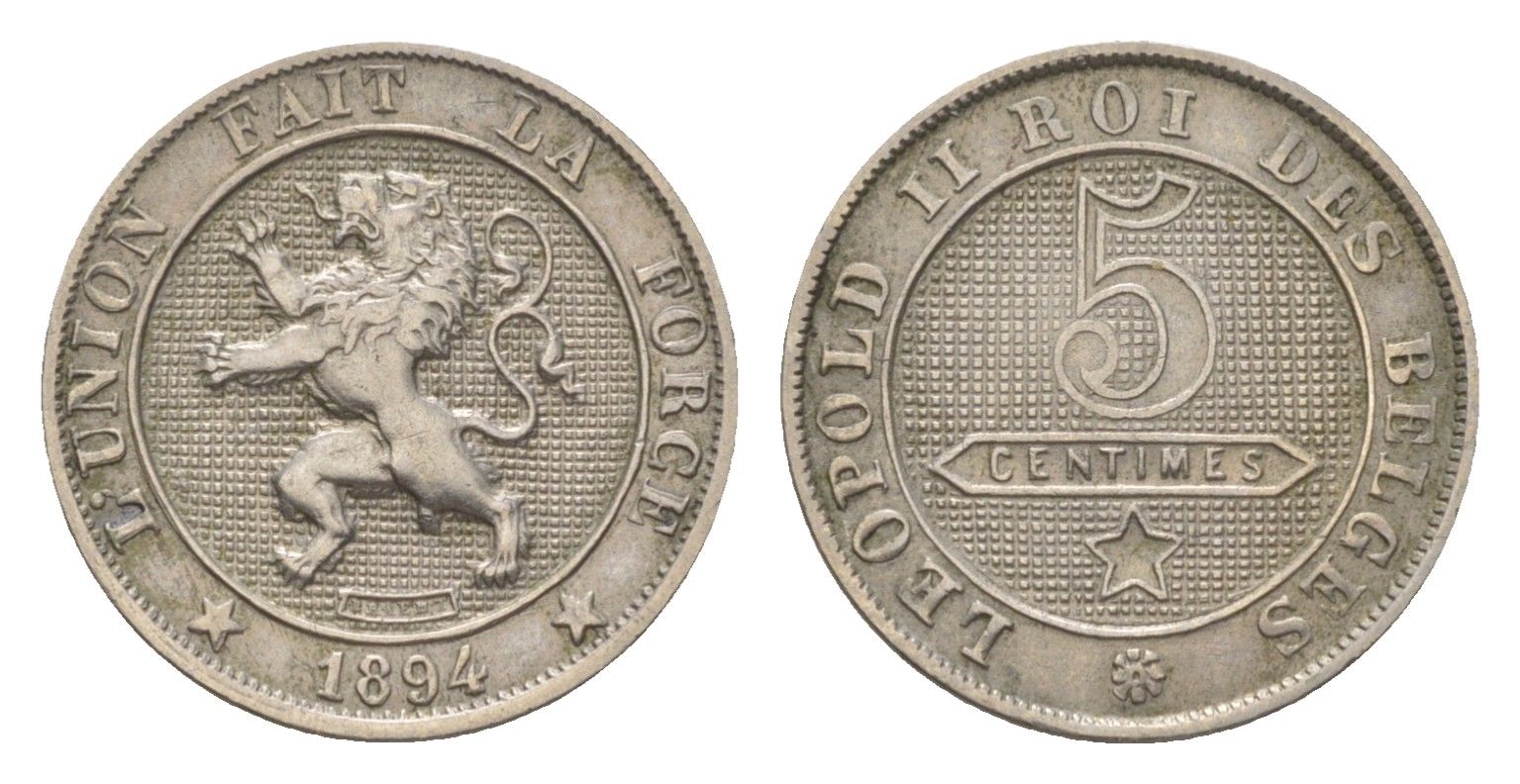 Бельгия 5 сантимов 1894 Belges, Леопольд II (1865-1909) KM 40 медно-никель 4623-1115